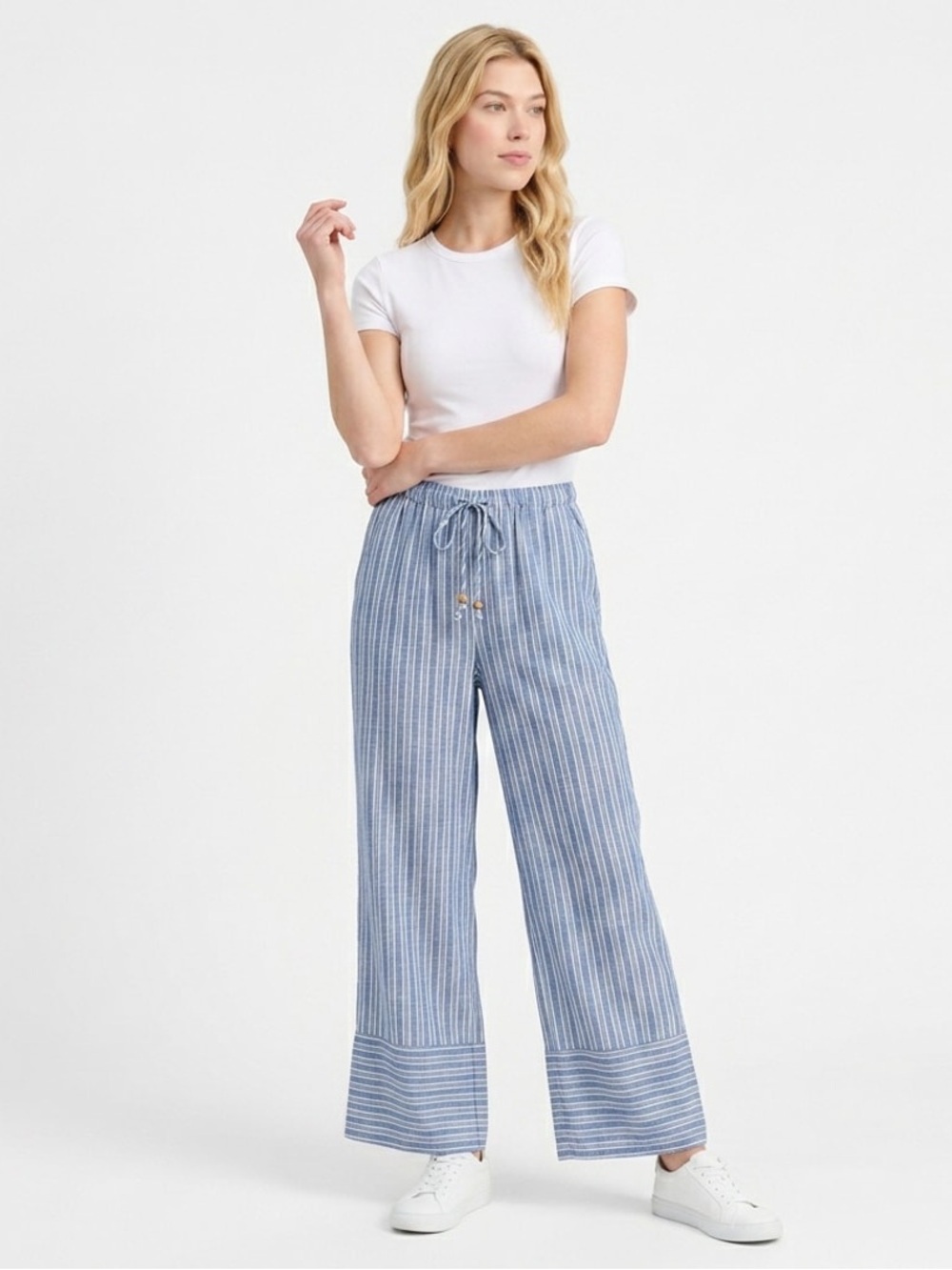 NWT Land & Sea Striped Rayon/Linen Blue Wide Leg Drawstring Women’s Pants Sz S